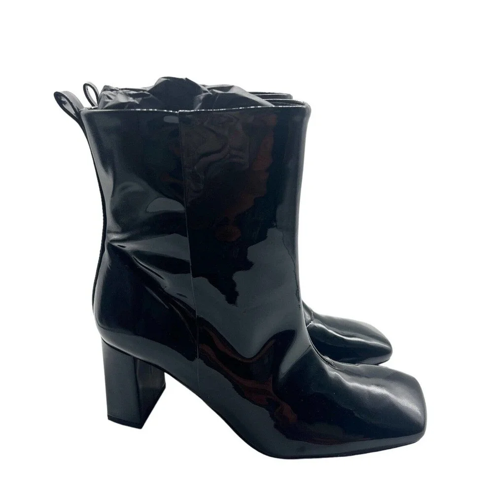 NWT Good American Black Patent Leather Shiny Block Heel Ankle Booties Size 7.5 - Picture 5 of 10